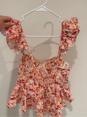 Astr Floral Ruffle Tie-Back Cami Top in Pink and Orange